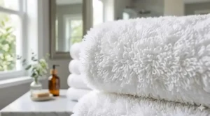 Close-up detail of the long, untwisted cotton loops that give zero twist towels their plush texture.