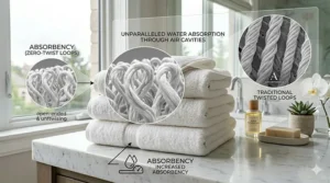 Diagram showing zero-twist cotton loops that make hotel quality bath towels more absorbent and soft.