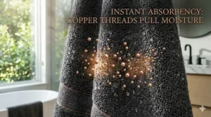 Illustration showing water droplets quickly being pulled into the core of the towel by interwoven copper threads.