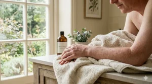 An adult resting sensitive, eczema-prone skin against a soft, plush hypoallergenic bath towel.