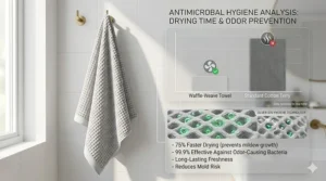 Graphic highlighting the odor-resistant and anti-mildew properties of towels that dry quickly to prevent bacterial growth.