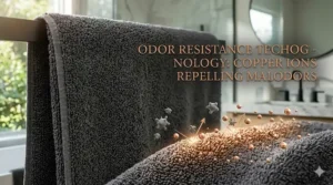 Visualization showing odor molecules being repelled by a copper ion barrier on the towel fabric surface.