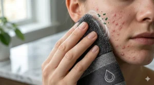 A detailed, photorealistic close-up illustration showing a clean hand holding a grey silver infused antimicrobial face towel gently dabbing blemish-prone skin, with subtle conceptual silver halos interacting with bacteria.