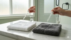 Illustration showing a bamboo charcoal towel quickly absorbing water droplets compared to a standard cotton towel.