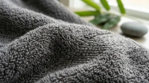 Extreme close-up of the soft, porous weave of a bamboo charcoal bath towel highlighting the fabric's breathable texture.
