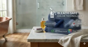 An icon-style illustration highlighting the bleach-safe properties of high-quality fade resistant bath towels.