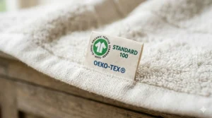An OEKO-TEX certification label sewn onto a premium chemical free hypoallergenic bath towel for skin allergies.