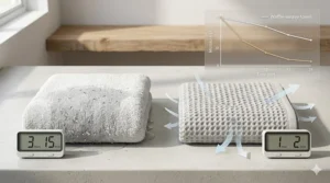 A side-by-side comparison chart showing fast drying bath towels drying in half the time of standard cotton towels.