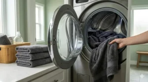 Illustration showing the longevity and softness of bamboo charcoal towels even after multiple cycles in a washing machine.