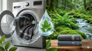 A photorealistic conceptual illustration showing a single grey silver-infused towel being washed with minimal water, alongside a pristine forest ecosystem, illustrating how reduced laundering saves water and energy.