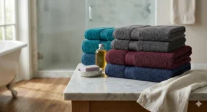 A flat-lay arrangement of fade resistant bath towels in various colors including teal, charcoal, and burgundy.