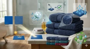 A diagram illustrating the solution-dyed yarn process used to create fade resistant bath towels.
