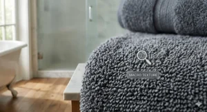 Macro close-up shot of the dense loops and soft texture of a grey fade resistant bath towel.