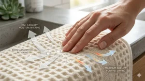 Illustration showing the moisture-wicking technology of fast drying bath towels absorbing water droplets from skin.