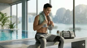 A person at the gym using a highly absorbent, fast drying bath towel after a workout.