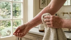 A person gently dabbing skin dry with a plush hypoallergenic towel to prevent irritating a severe eczema breakout.