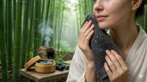 A gentle illustration of a person with sensitive skin using a bamboo charcoal bath towel to emphasize its hypoallergenic properties.