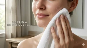 An illustration of a person drying their face with a soft towel, highlighting zero fuzz or residue left on the skin.