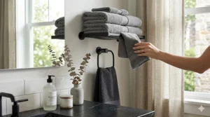 Elegant bathroom setting featuring grey lint free bath towels neatly folded and hanging on a matte black towel ring.