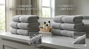 Diagram comparing standard shedding cotton towels with split-fiber microfiber lint free bath towels.