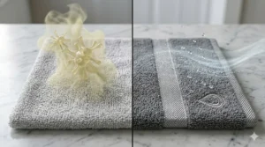 A photorealistic side-by-side comparison illustrating a standard cotton towel releasing a stylized plume of odor molecules, while the grey silver infused antimicrobial towel remains clean and fresh.