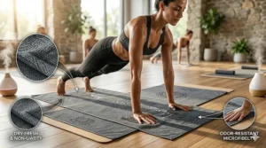 An odor resistant gym towel laid across a yoga mat to provide grip and hygiene during hot yoga.