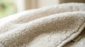 Close up texture of an unbleached organic cotton bath towel designed to be safe and gentle on eczema prone skin.