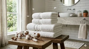 Eco-friendly ultra absorbent bath towels made from certified organic cotton, styled next to raw cotton plants.