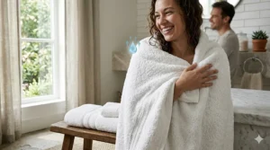 A smiling woman wrapped in a plush, oversized ultra absorbent bath towel after a relaxing shower.