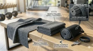 A compact, folded odor resistant gym towel fitting easily into a small workout bag compartment.