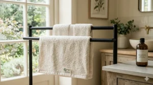A fresh hypoallergenic bath towel hanging on a bathroom rod to dry quickly and prevent mildew growth that irritates skin.