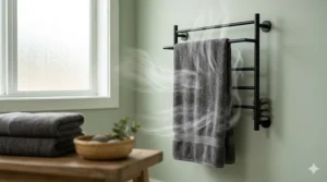 A bamboo charcoal bath towel hanging on a rack with air-flow icons to represent its fast-drying capabilities.