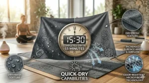 Illustration of a hanging odor resistant gym towel with a timer icon symbolizing fast drying capabilities.