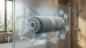 A photorealistic 4K detailed illustration presented as a complex diagram on sand-blasted glass, showing a single grey silver-infused towel instantly wicking moisture through the core for accelerated evaporation, contrasting with a stable lattice of repelled water beads.