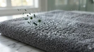 A photorealistic macro illustration of the textured grey towel, showing microscopic bacteria particles approaching the silver-infused fibers and being visibly neutralized by a subtle, cool energy field.