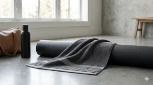 A high-resolution, photorealistic product shot of the dark charcoal grey silver infused antimicrobial towel, resting in a modern, sunlit gym on a textured mat next to a water bottle and leather bag.