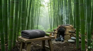 A digital illustration of a sustainable bamboo forest representing the eco-friendly source of charcoal-infused bath linens.