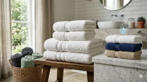 A rolled assortment of ultra absorbent bath towels displayed in a variety of modern earth-toned colors.