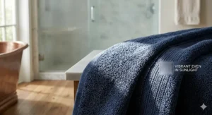 Illustration showing how fade resistant bath towels maintain color vibrancy even when exposed to direct sunlight through a window.