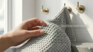 Macro view of the honeycomb waffle weave texture that increases surface area for fast drying bath towels.