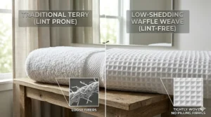 Illustration detailing the difference between traditional terry loops and a low-shedding waffle weave design.