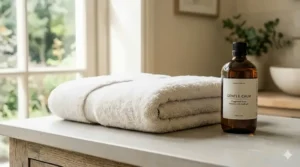 Washing a soft bath towel using fragrance free laundry detergent to maintain its hypoallergenic properties for eczema management.